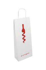 un sac kraft blanc à poignées torsadées en format caviste pour une bouteille avec une sérigraphie La cave Dyonisos Bordeaux