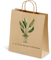un sac kraft naturel avec des poignées torsadées sérigraphié en vert avec une impression représentant des plantes